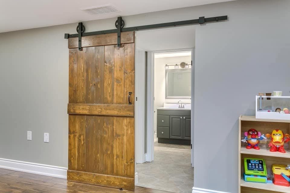 Basement laundry room with folding table