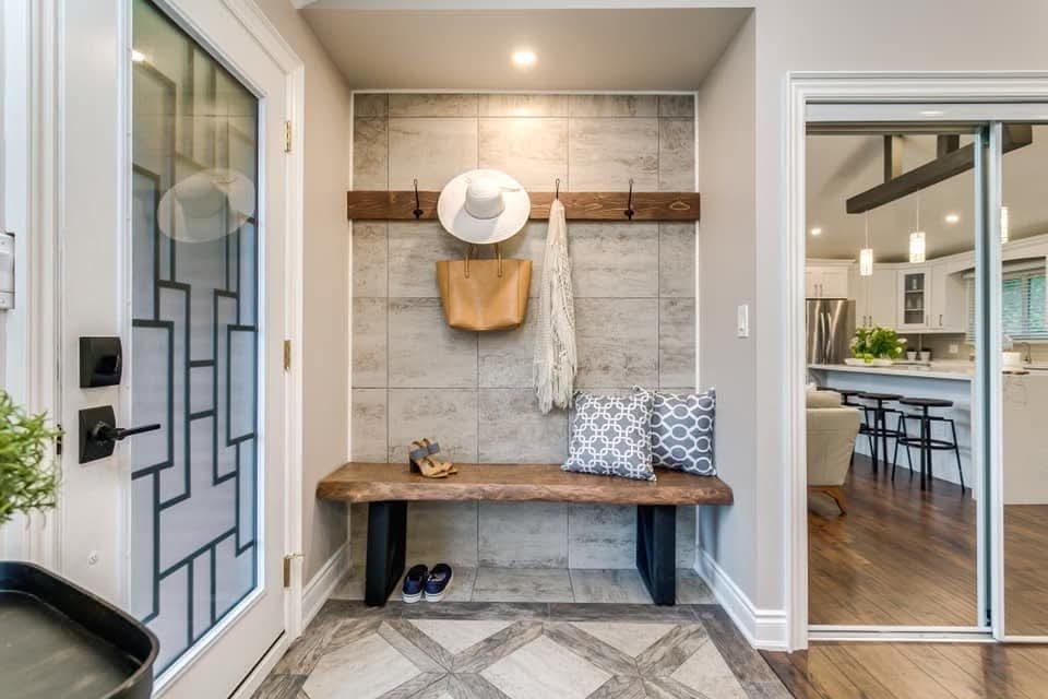 Custom mudroom bench and tile feature wall